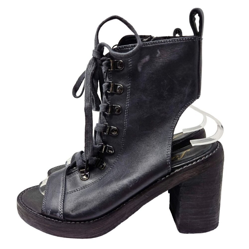 Free People Black Lace-Up Open Toe Block Heel Booties